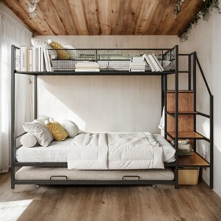 Twin Over Full Bunk Bed with Wardrobe,Trundle and Storage,Kids Bed Design