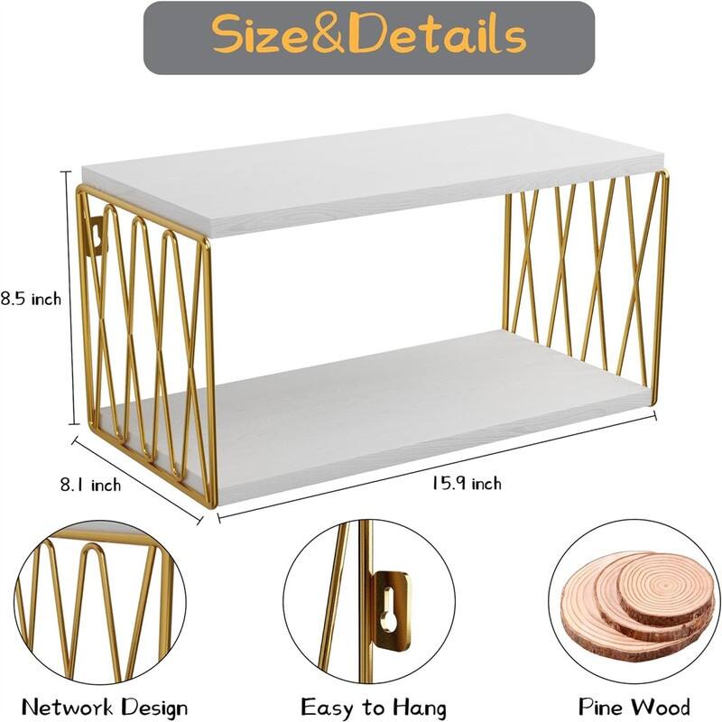 White and Gold Bedside Wall Shelves for Bedroom - 8"D x 16"W x 8.5"H