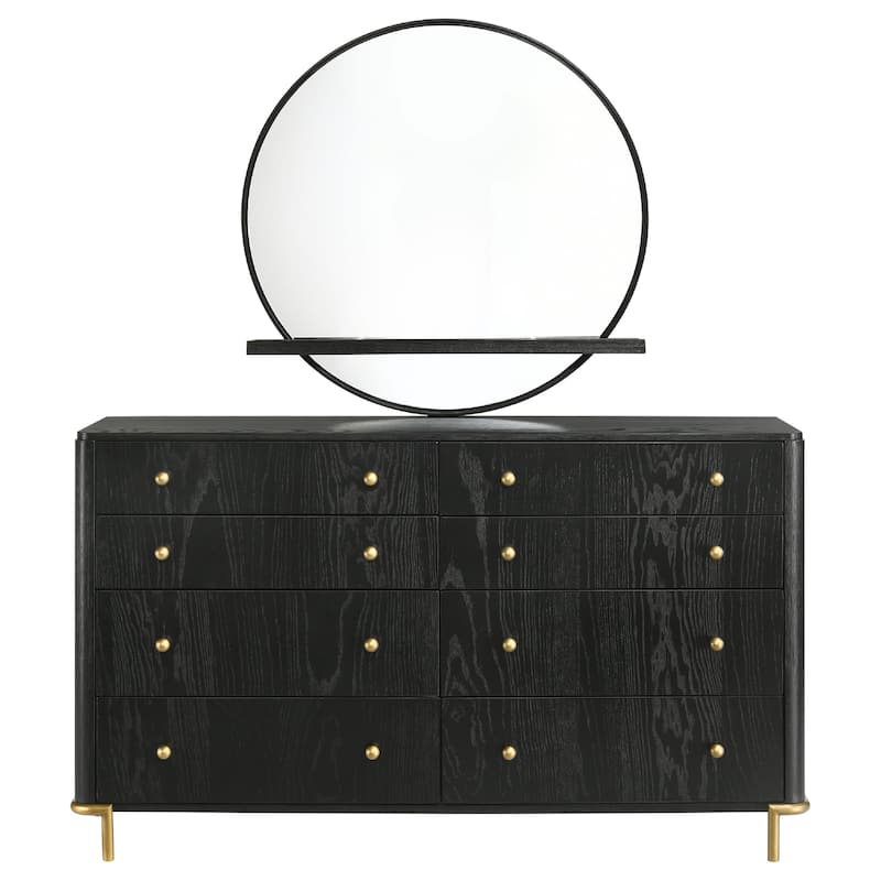 Fij Wide Dresser with Mirror, 8 Drawers, Black Wood Frame, Brass Knobs