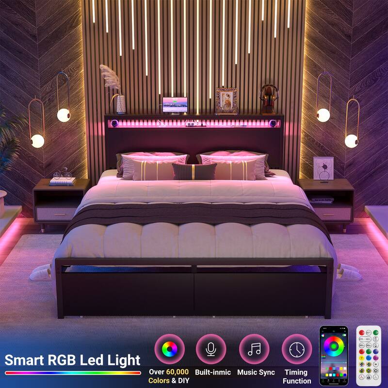 Platform Bed with Storage Headboard, Bed Frame with Charge Station and LED Light