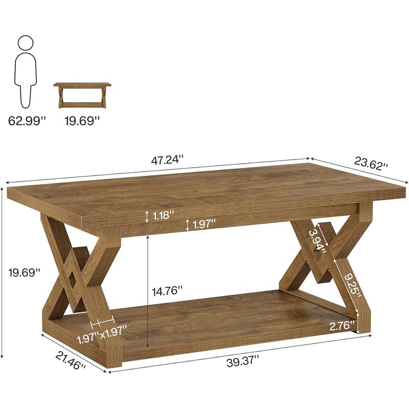 2-Tier Coffee Center Table, 47.24-Inch Farmhouse Rectangle Tea Cocktail Table with Open Storage Shelves