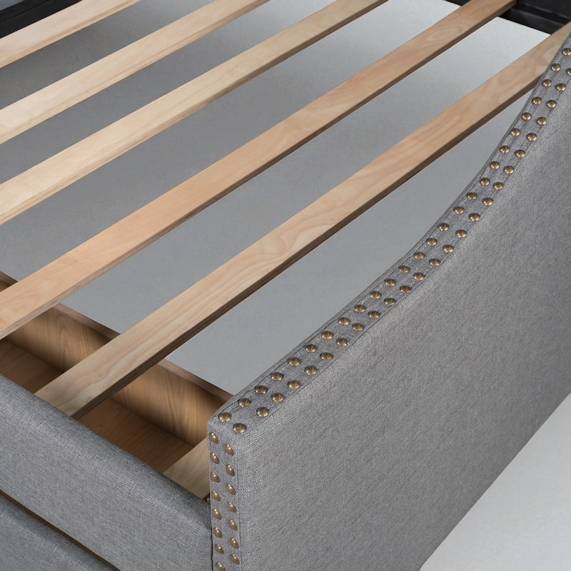 Full Size Upholstered Daybed with Storage Drawers, Diamond Tufted Backrest, Linen Fabric, Wood Slat Support