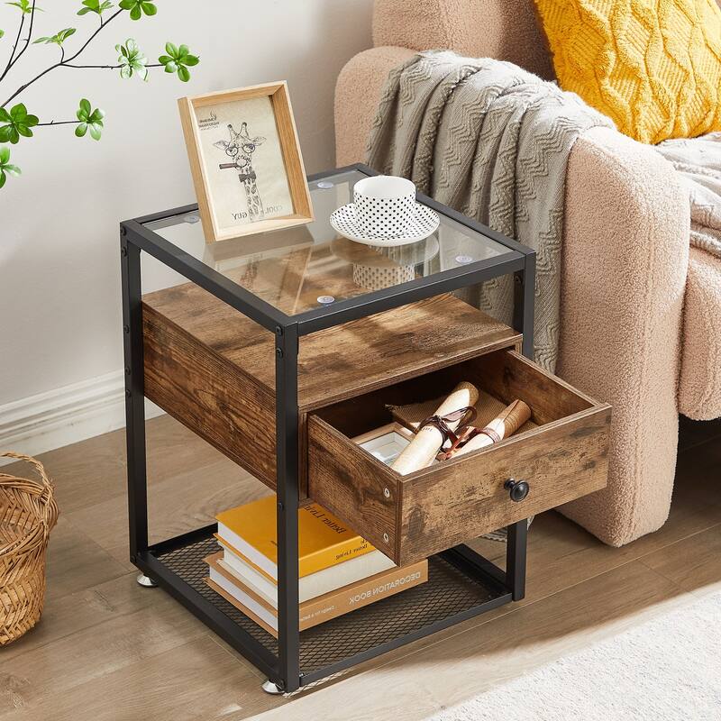 Javlergo Modern 1-Drawer Nightstand with Glass Top and Storage Shelf