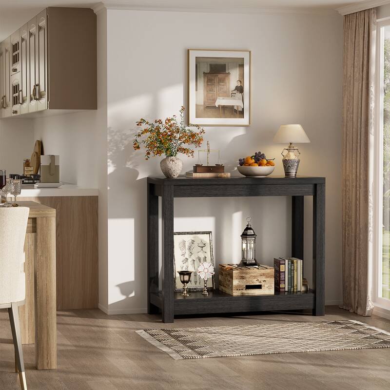 Farmhouse Black Thick Console Sofa Table, Wood Entryway Desk with Storage Shelf