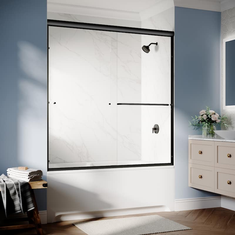 Elegant Double Sliding Shower Door 60" W x 62" H Bathtub Door with 1/4'' in Clear Tempered Glass Tub Door - Black