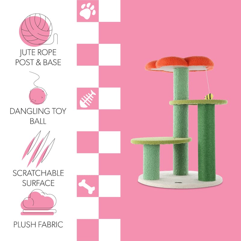 Poppy 29" 3-Tier Modern Jute Flower Cat Tree with Dangling Toy, Orange/Green