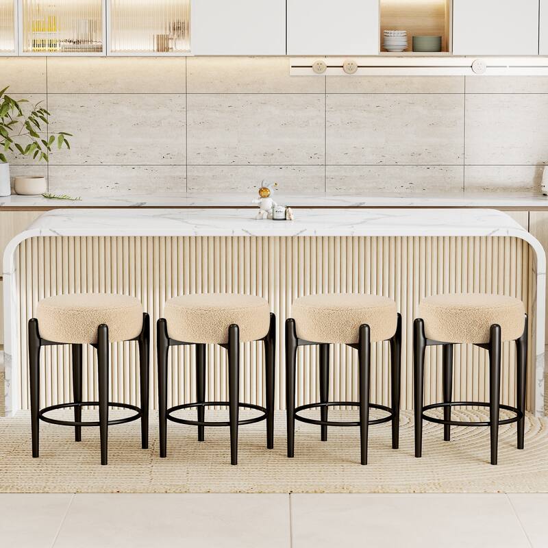 Mid-Century Modern Chair Set of 4 - 23.6" Backless Kitchen Stools with Beige Boucle Upholstery & Sturdy Metal Base