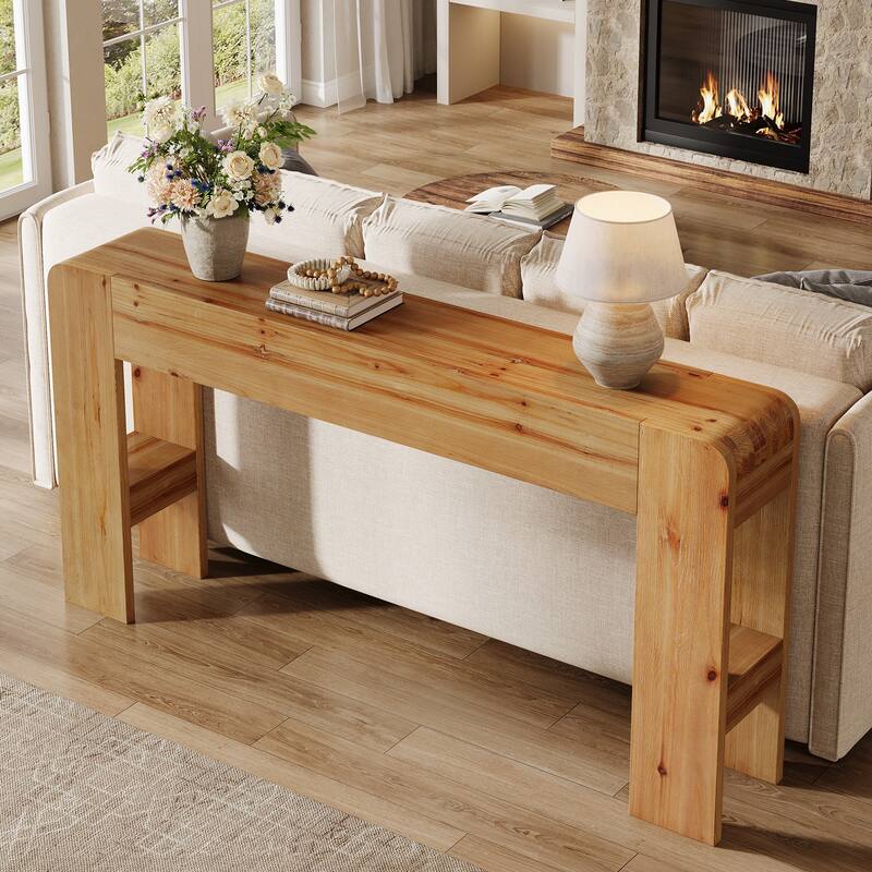 63-Inch Solid Wood Console Table, Farmhouse Sofa Table Behind Couch