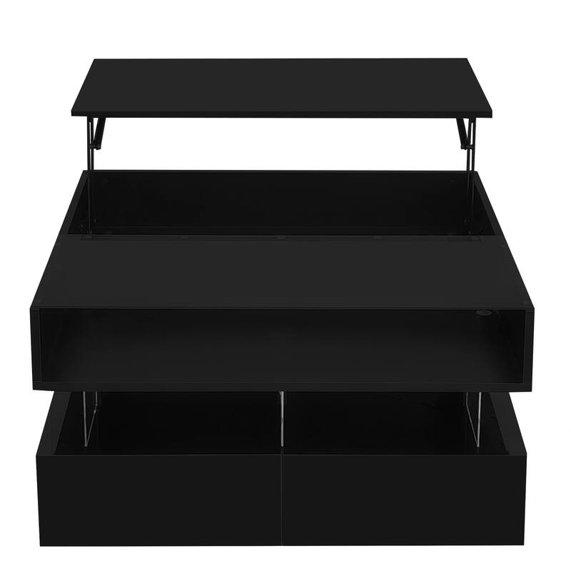 High Gloss Lift-Top Coffee Table with LED Lights and Hidden Storage, 2-Tier Modern Living Room Accent Table
