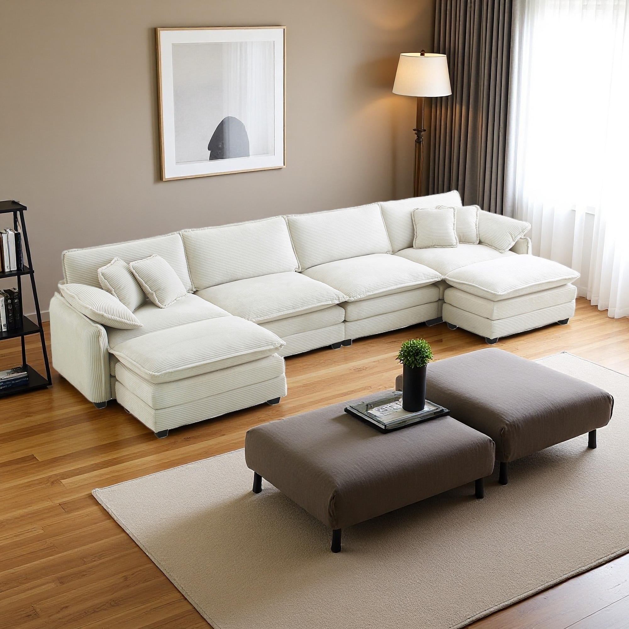 150.38" Corduroy U-Shaped Modular Sectional Sofa with 2 Ottomans,2 Arm Pillows and 4 Throw Pillows (4-Seater)