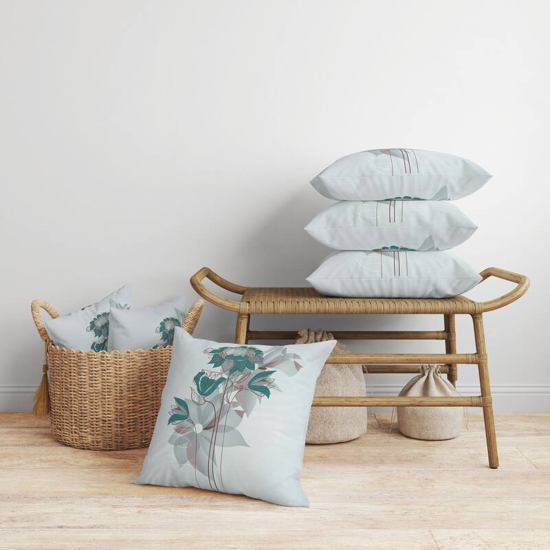 Flowers Line Art Faux Suede Reversible Throw Pillow Mint and Green