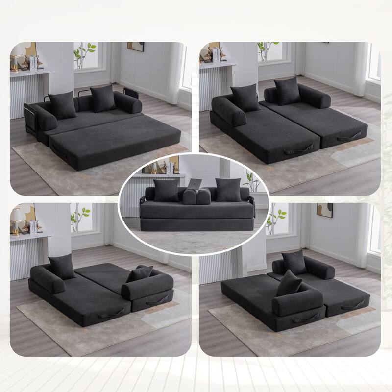 Foldable Modular Couch Sleeper Loveseat Sofa Bed with Storage Side Pocket, Detachable Metal Frame and Corduroy Fabric Cover - Black