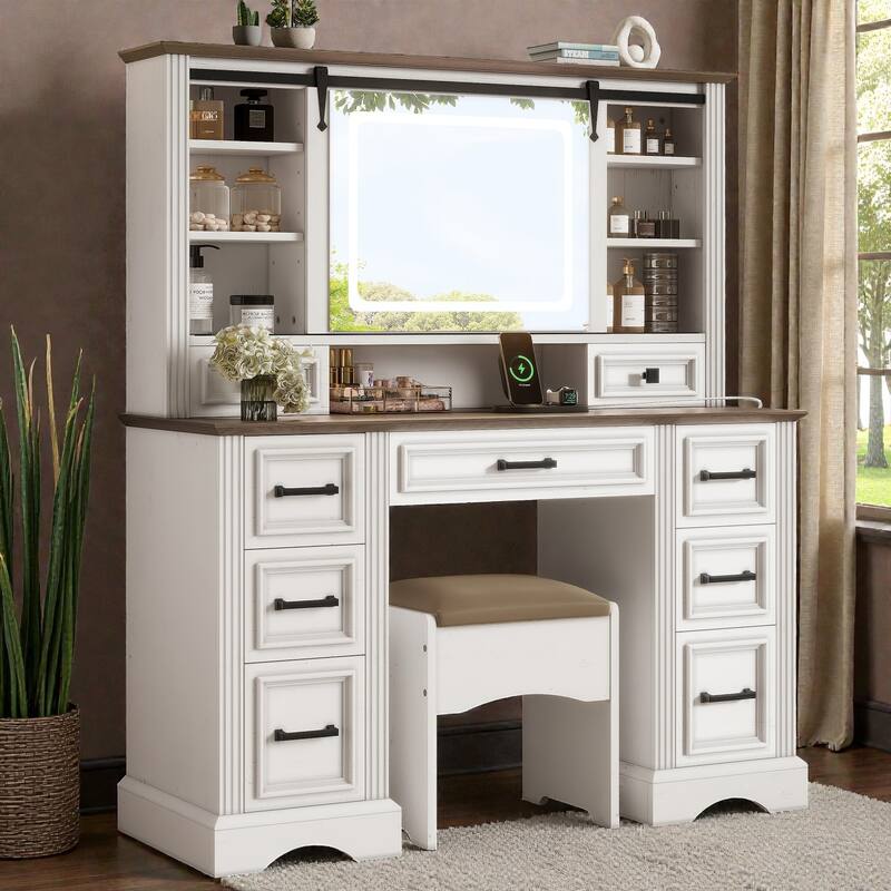 47.2" Farmhouse Makeup Vanity Desk with Sliding LED Mirror, 9 Drawers, Storage Stool and Charging Station