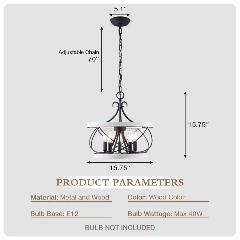 Cusp Barn 5-Light Farmhouse Wood Chandelier Adjustable Handmade Rustic Drum Ceiling Light Fixture Hanging Lamp for Foyer Kitchen