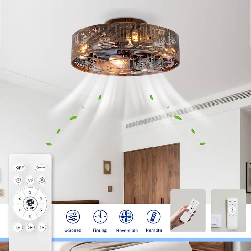 20" Iron Art Ceiling Fans with Remote, Farmhouse Flush Mount Ceiling Fan with 6 Speeds Reversible Motor - Blush+Gold,Bronze