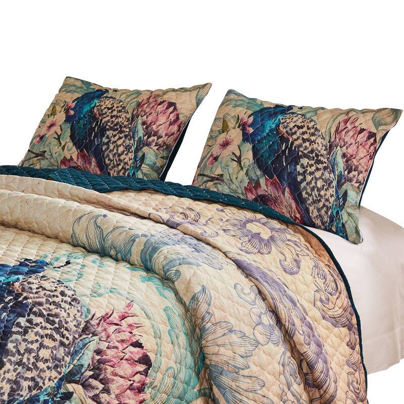 Ufa 36 Inch Quilted King Pillow Sham, Peacock Print, Vermicelli Stitching - Blue, Orange, Red