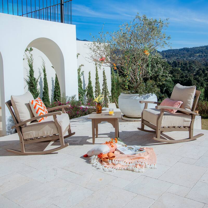 Cambridge Casual Leon 3-piece Teak Patio Rocking Chair Set with Cushion