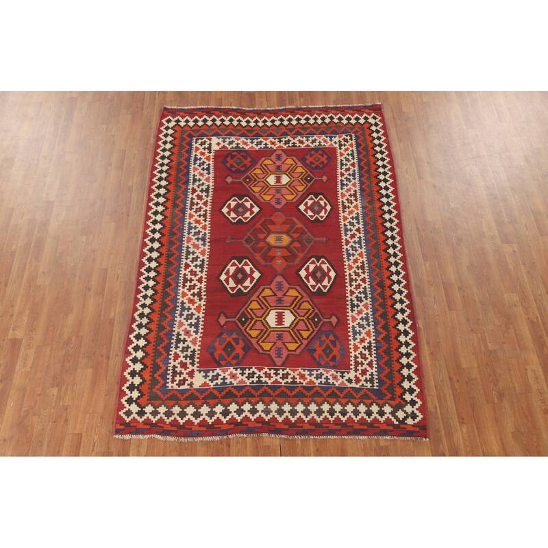 Red Kilim Qashqai Persian Area Rug Flatweave Wool Carpet - 5'4" x 7'11"