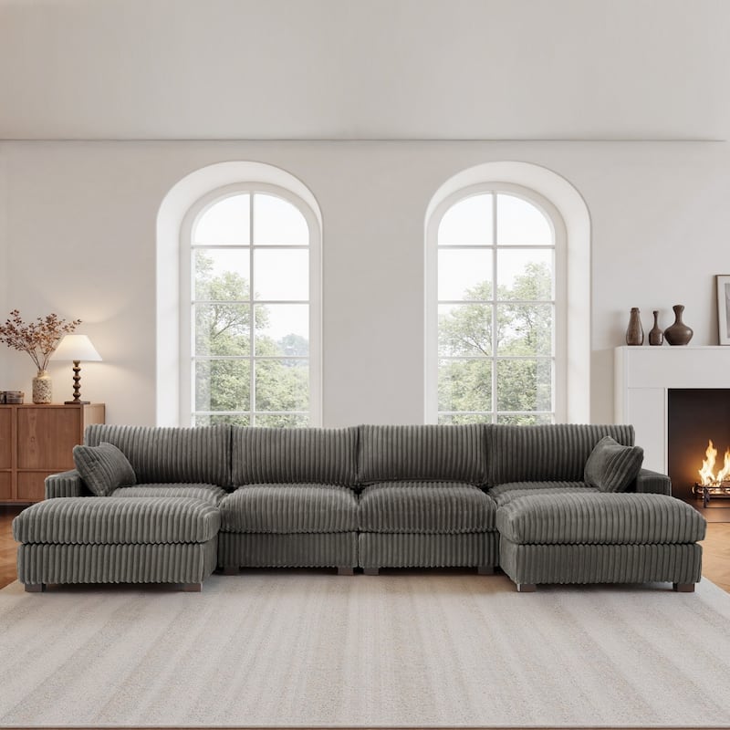 Oversied Plush Corduroy Fabric Modular Sectional Sofa with Chaise, Ottoman