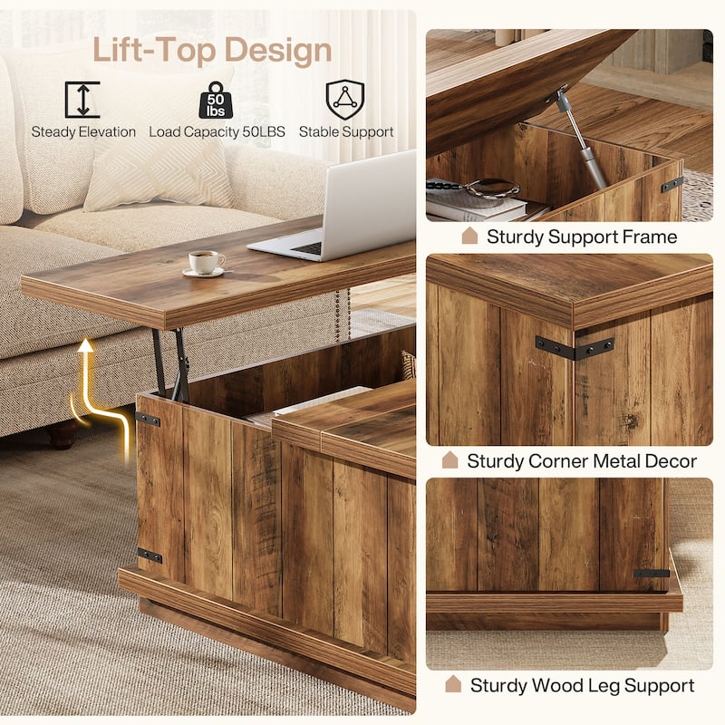 Farmhouse 33.46" Lift Top Square Coffee Table with Hidden Storage - 33.46"D x 33.46"W x 19.7"H