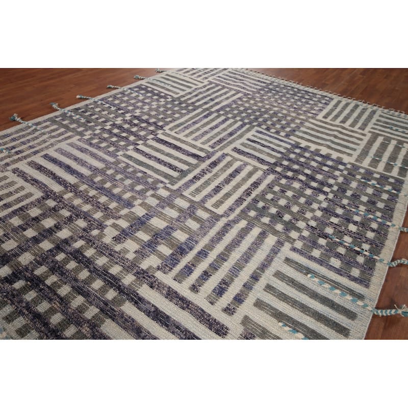 Striped Checkered Moroccan Oriental Area Rug Handmade Wool Carpet - 8'0"x 10'9"