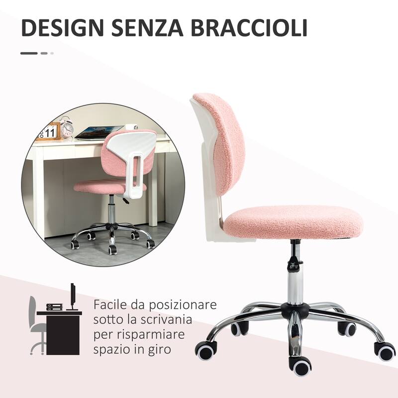 Cute Armless Office Chair with Teddy Fleece Fabric, Adjustable Height & Swivel Wheels for Home Office