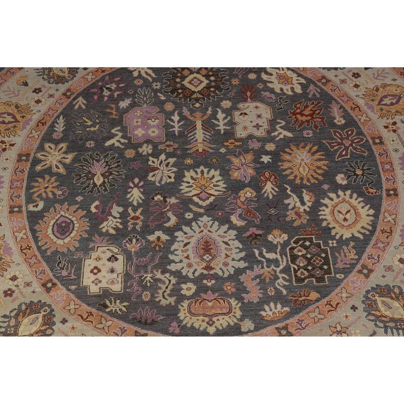 Vegetable Dye Floral Oushak Large Round Rug Handmade Wool Carpet - 11'8" x 11'7"