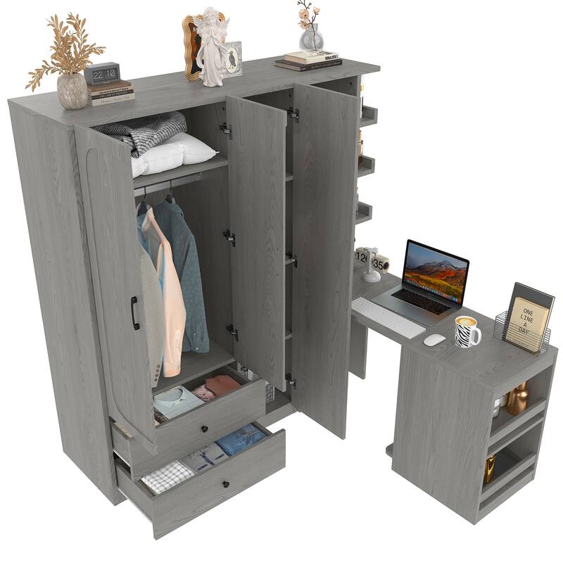 2-Door Wardrobe with Convertible Desk, Multiple Drawers & Hanging Storage