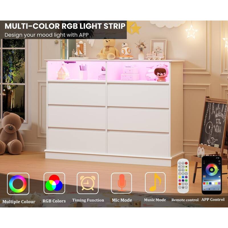 Dresser for Bedroom with 6 Drawers, Modern Chest Featuring LED Lights and Charging Station