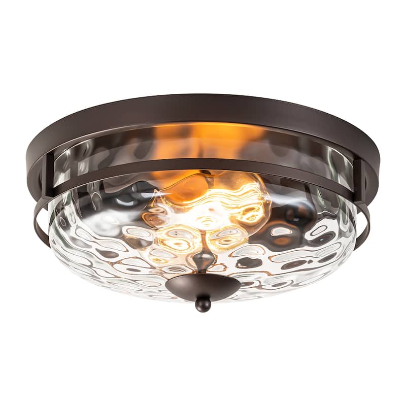 2-Light Industrial Farmhouse Ceiling Light Dome Clear Water Rippled Glass Flush Mount Light - 12.9 in. W x 5.5 in. H
