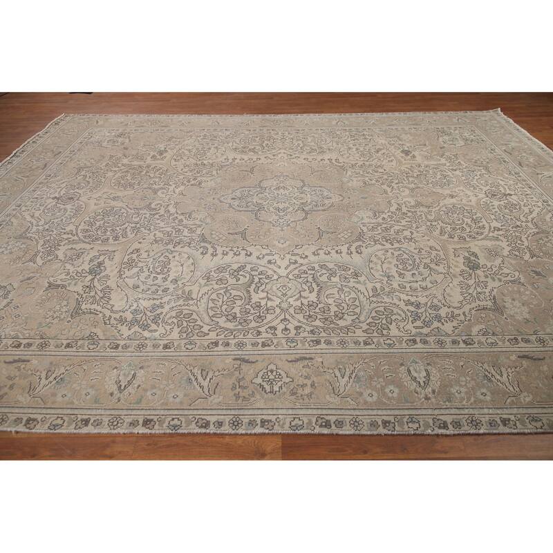 Hand Knotted Oriental 100% Wool Carpet Traditional Floral Beige & Ivories Tabriz Area Rug - 12' 7'' X 10' 0''