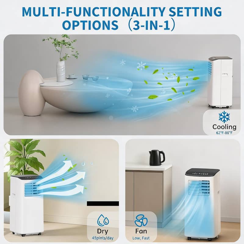 3-in-1 Air Conditioners, with Cooling, Fan, and Dehumidifier, 8000 BTU