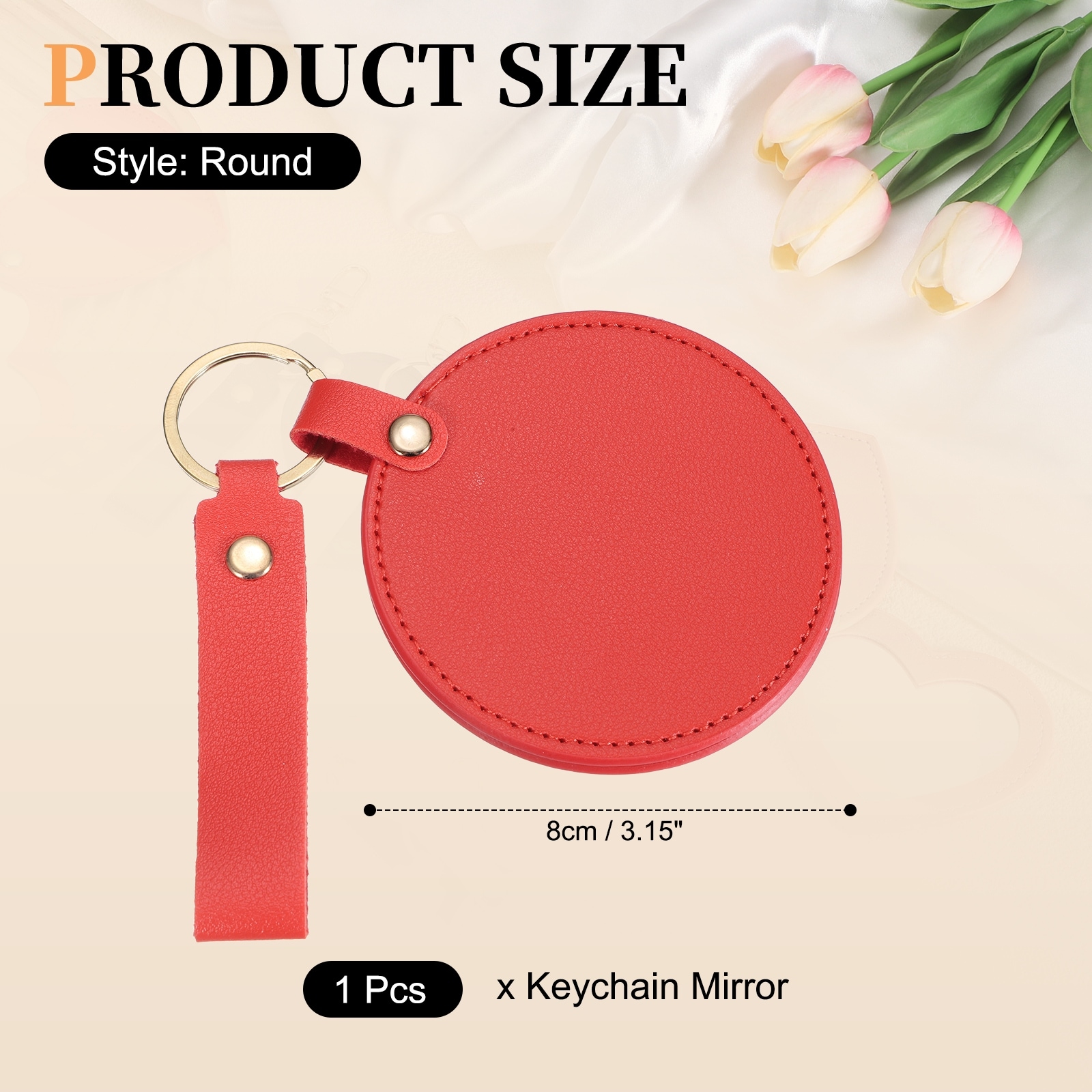 Keychain Mirror, Mini Compact Mirror with PU Leather Cover Pocket Size Round Portable Rotating Folding - Standard