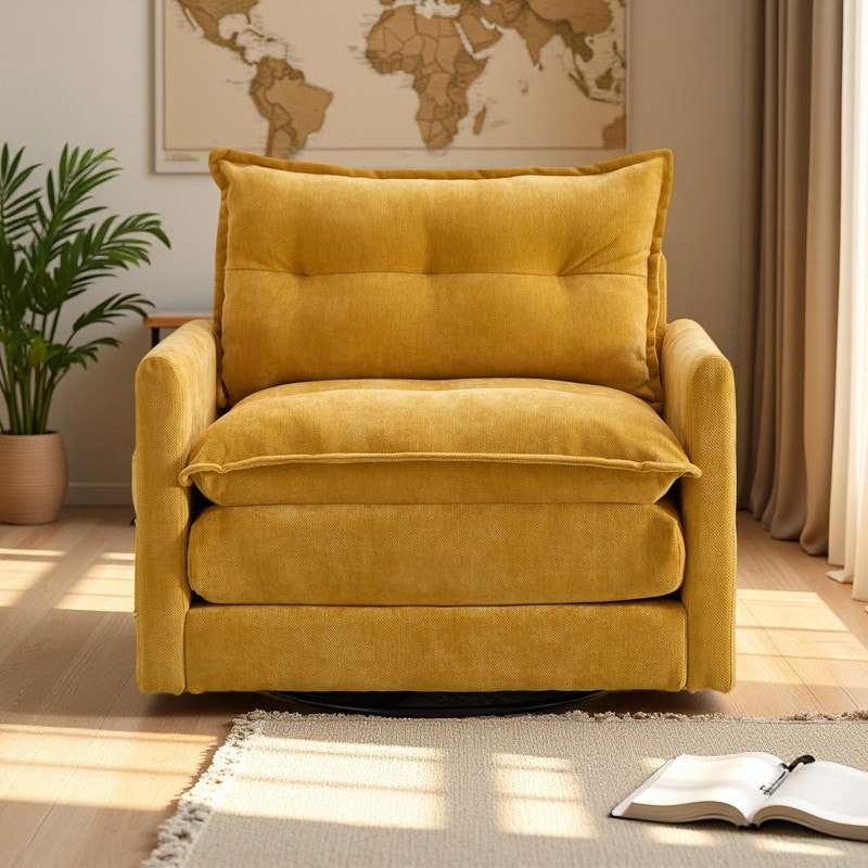 Chenille 360° Swivel Barrel Chair with Memory Foam and Side Pockets - Mustard yellow