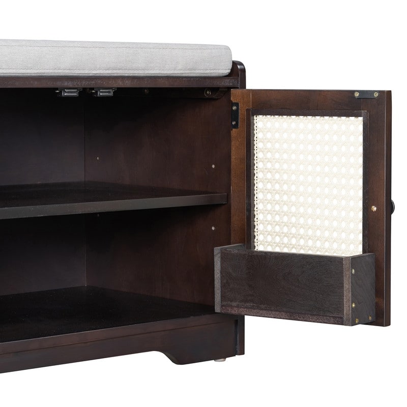 Rustic 47.4" Storage Bench Multifunctional Wooden Entryway Organizer with Removable Cushion and Rattan Doors