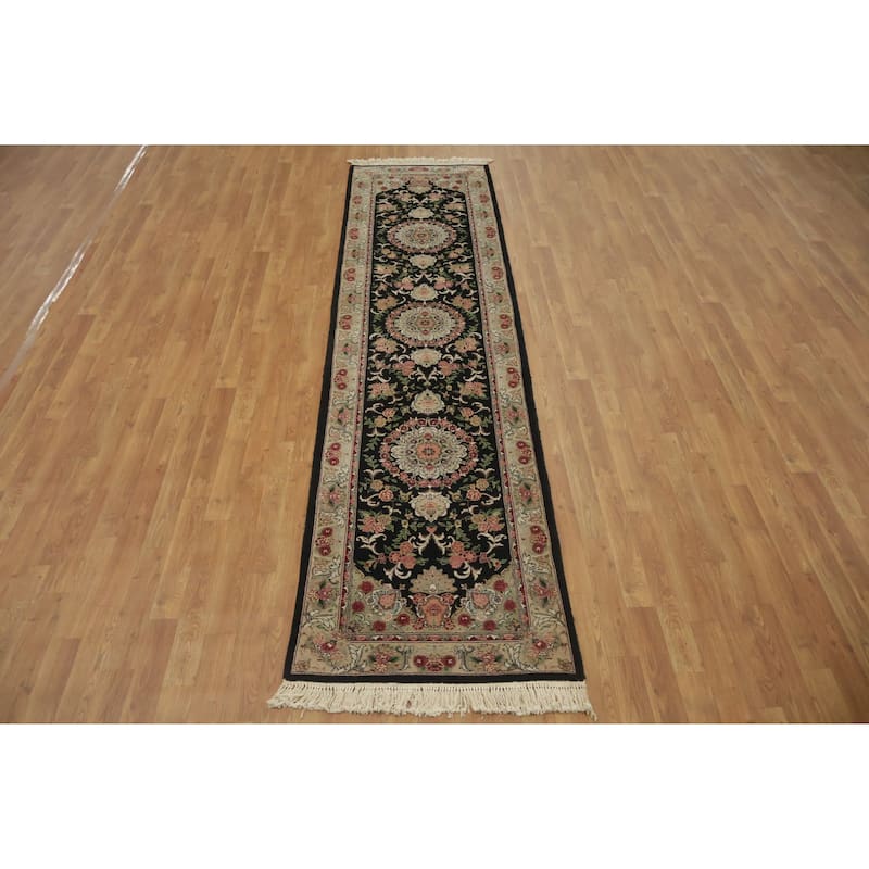 Hand Knotted Oriental 100% Wool Carpet Traditional Floral Black Aubusson Runner Rug - 10' 0'' X 2' 6''