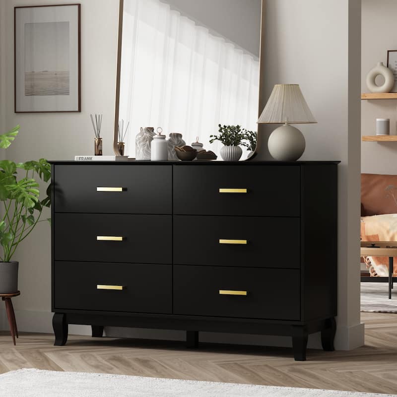 6 Drawer 47.2'' W Double Dresser Black/White Lacquer Chest Storage - Black