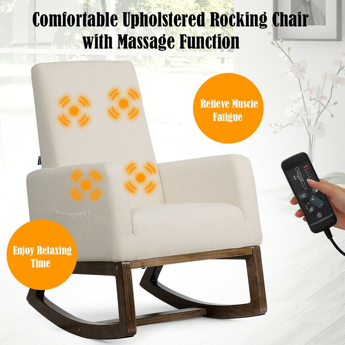 Shop Costway Mid Century Retro Fabric Upholstered Massage Rocking Chair Overstock 28535558