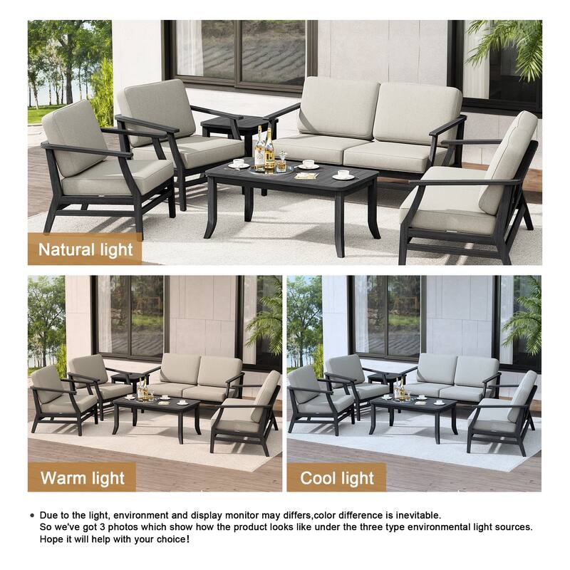 Teak Outdoor Patio Conversation Set with Cushions and Tables (6-Piece)