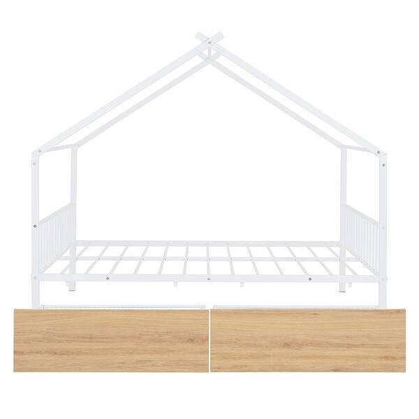slide 2 of 13, Full Size Metal House Bed with Two Drawers & Slats, Kids Bed Frame with Headboard and Footboard, for Kids, Girls, Boys, White White - Full