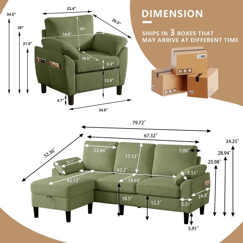 79.72" Corduroy 3 Pieces Living Room Sets Including Sectional Sofa with Storage Ottoman & Side Pockets & Armchair Set