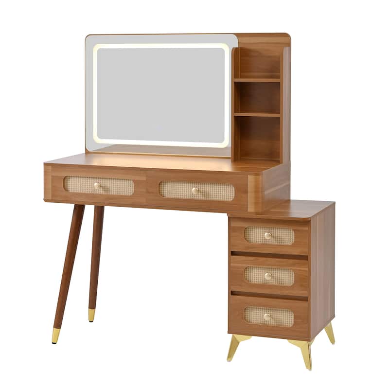 47"Makeup Vanity with Mirror and Lights, Vanity Desk with 5 Drawers and Storage Shelf, 3 Color Modes and Adjustable Brightness