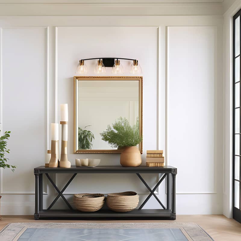 Modern Farmhouse 4-Light Black Gold Bathroom Vanity Lights Glass Wall Sconces - D32.3" x H8.6"