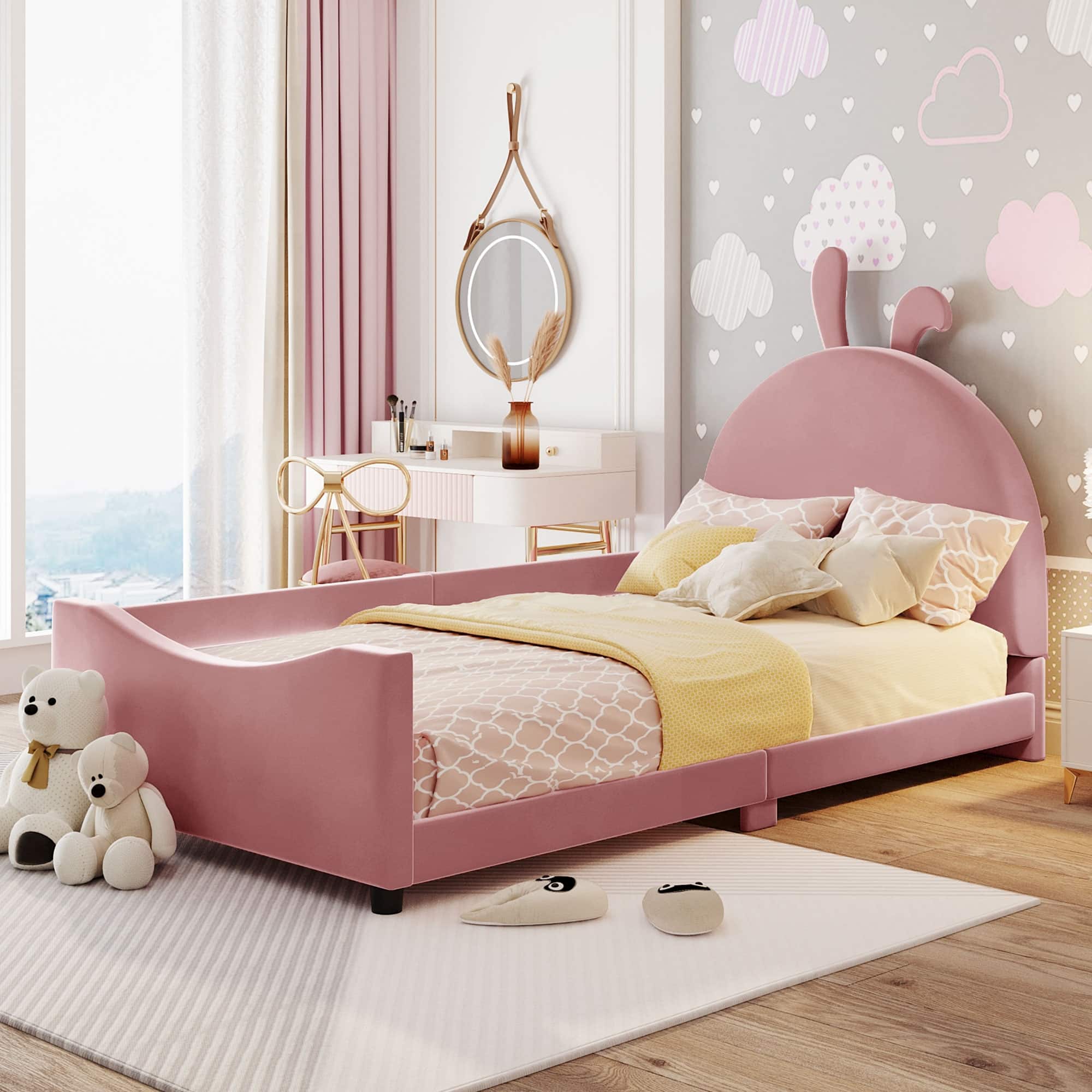 Twin Size Upholstered Daybed with Rabbit Ear Shaped Headboard, Pink ...