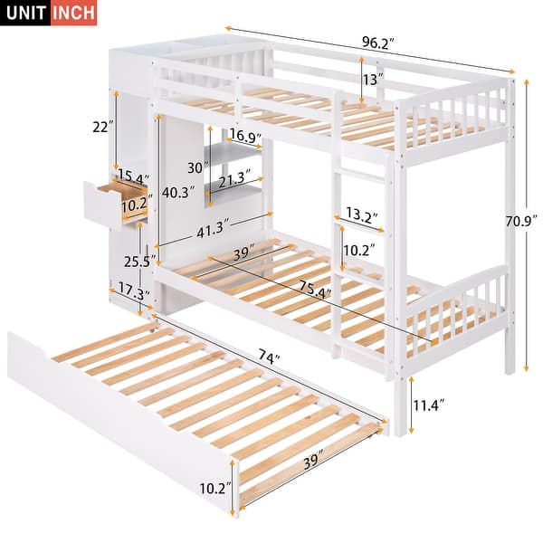 Easy to Assemble Twin Size Bunk Bed with Trundle and Attached Multifunctional Locker,3 Beds in 1