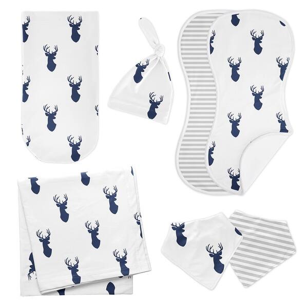 slide 2 of 6, Woodland Deer Collection 7-piece Newborn Baby Layette Set - Navy Blue and White Forest Animal Stag Antler
