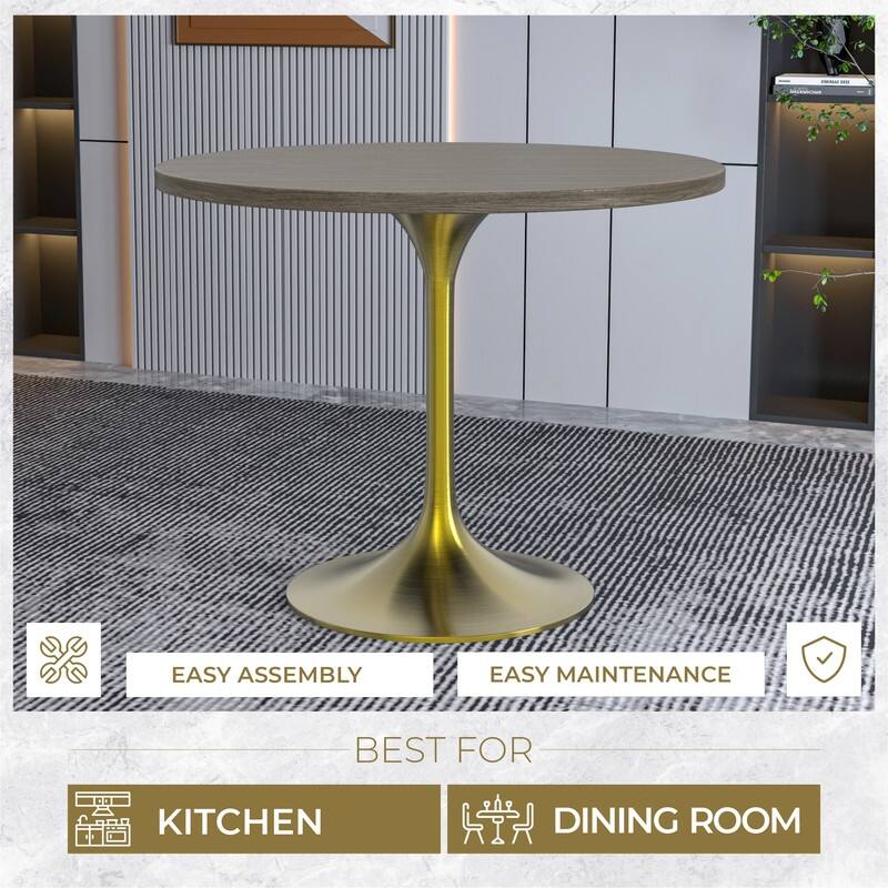 LeisureMod Verve 36" Round Dining Table with MDF Wood TableTop and Brushed Gold Base for Kitchen & Dining Room