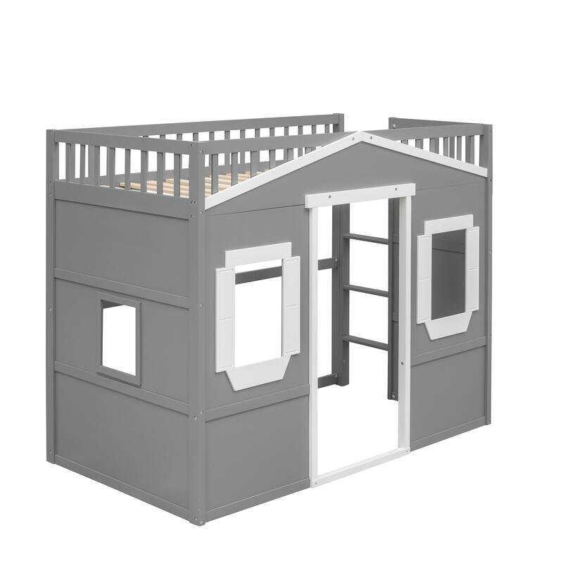 Modern Twin/Full Loft Bed with Ladder, Solid Pine Wood, Safety Guardrails