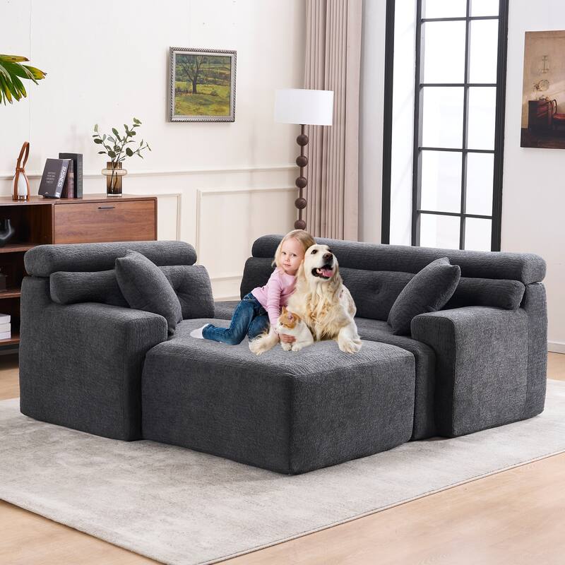 Modern Chenille Convertible L-Shaped 4-Seater Modular Sectional Sofa with 2 Pillows for Apartment Living Room