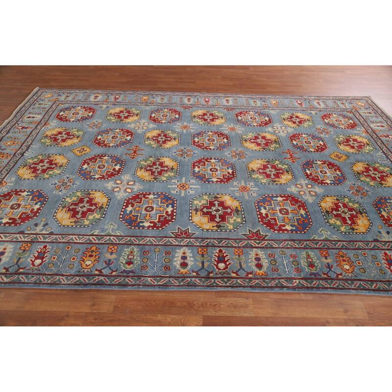 Hand Knotted Oriental 100% Wool Carpet Traditional All-Over Navy Blue & Blues Kazak Area Rug - 9' 8'' X 6' 9''